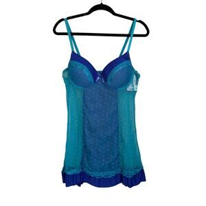 Just Sexy Lingerie Swiss Dot Chemise Womens XL Blue Sheer Badydoll Romantic NWT